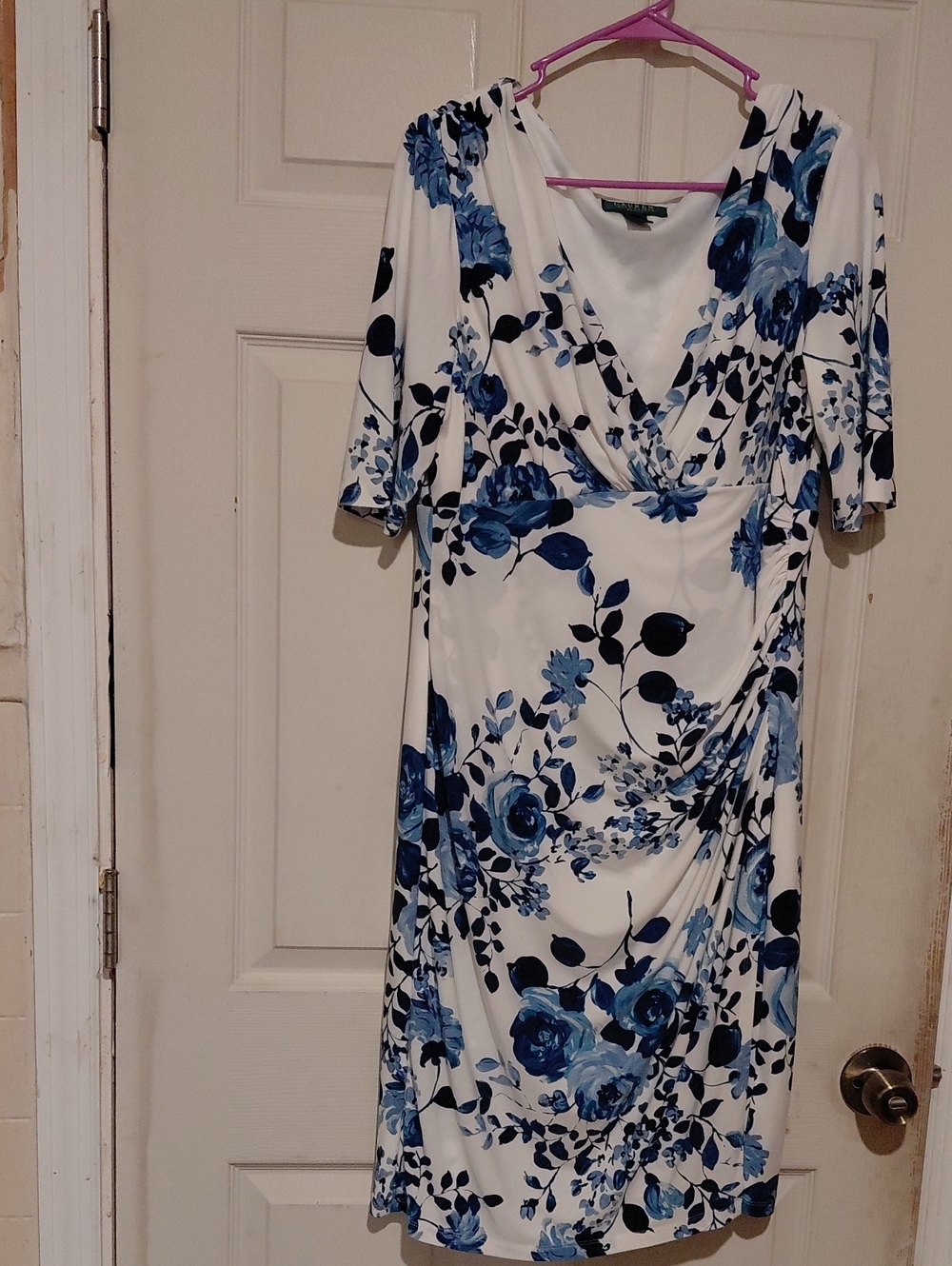 Lauren Ralph Lauren Womens White Dress with Blue Floral Print 14 V Neck Ruching